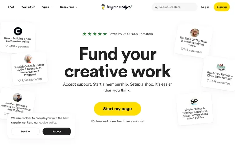 Screenshot of the Buy Me a Coffee homepage