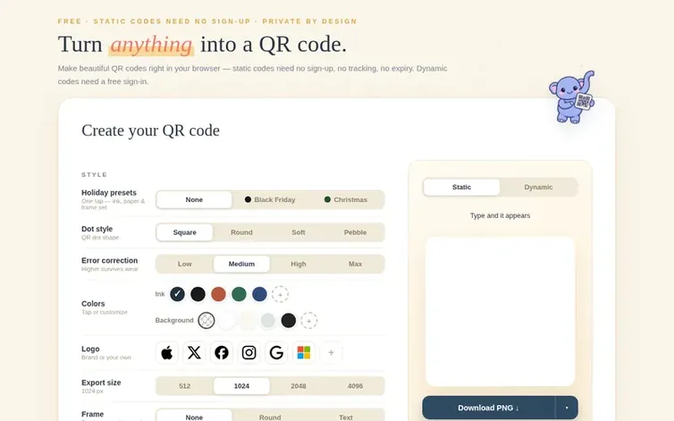 Screenshot of the FreeQrly homepage