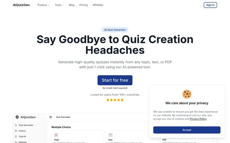 Screenshot of the AIQuizGen homepage