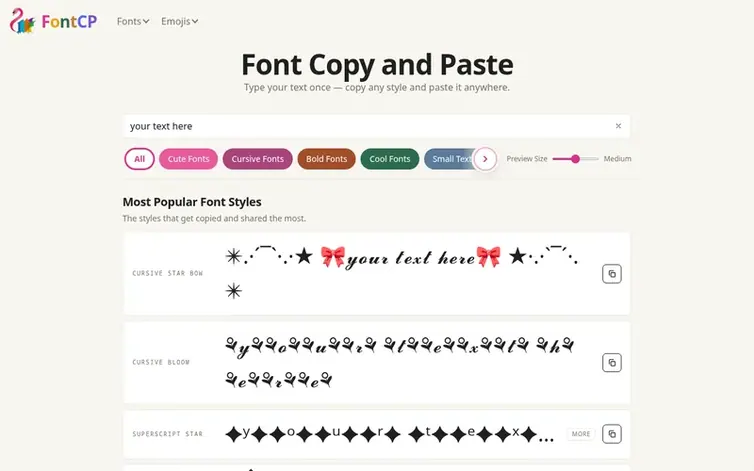Screenshot of the FontCP homepage