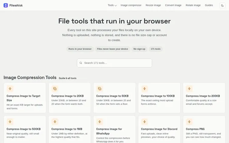 Screenshot of the Filewhisk homepage