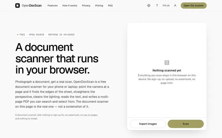 Screenshot of the OpenDocScan homepage