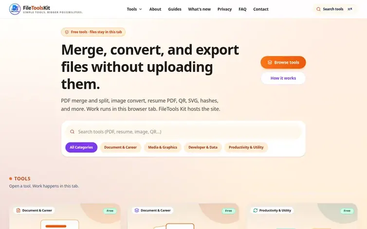 Screenshot of the FileTools Kit homepage