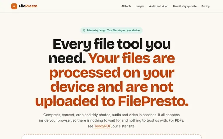 Screenshot of the FilePresto homepage