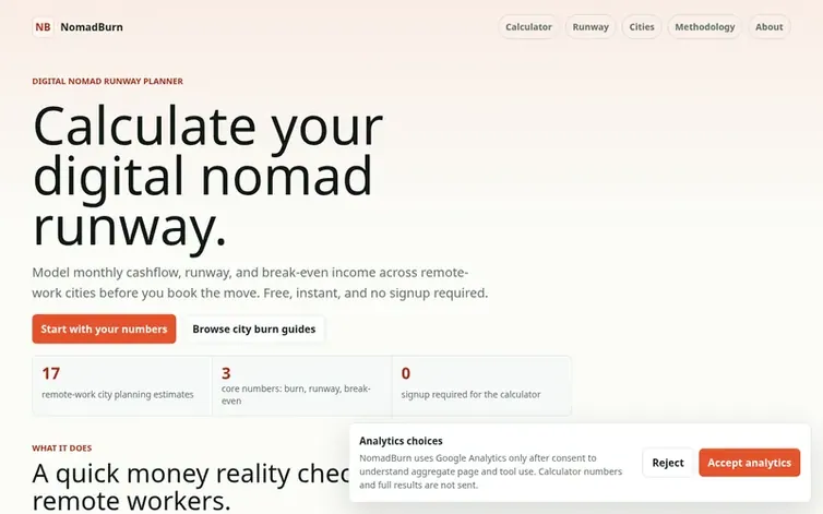 Screenshot of the NomadBurn homepage