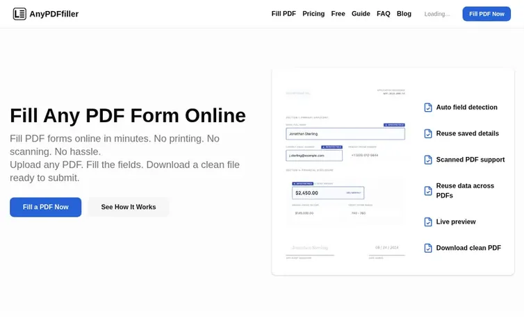 Screenshot of the AnyPDFfiller homepage