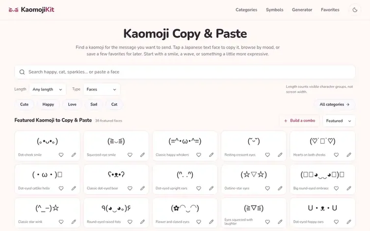 Screenshot of the KaomojiKit homepage