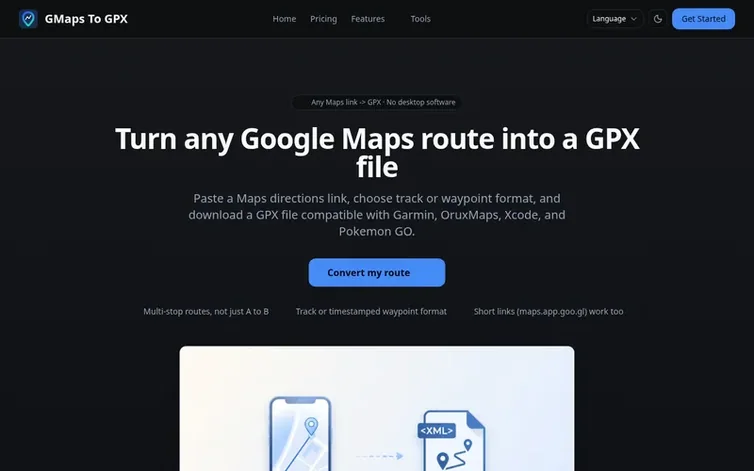 Screenshot of the GMaps To GPX homepage