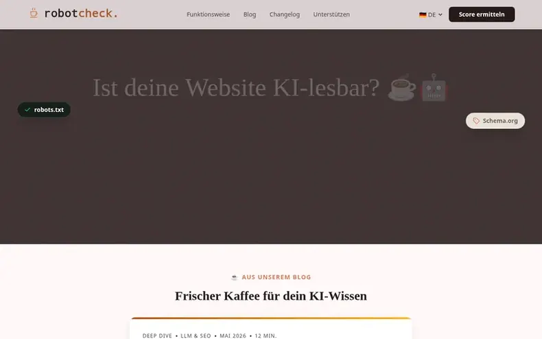 Screenshot of the RobotCheck.coffee homepage