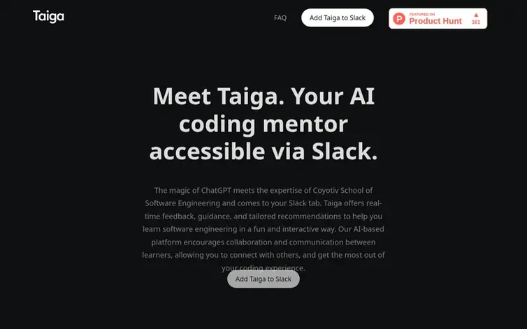 Screenshot of the Taiga homepage
