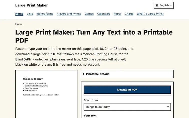 Screenshot of the Large Print Maker homepage