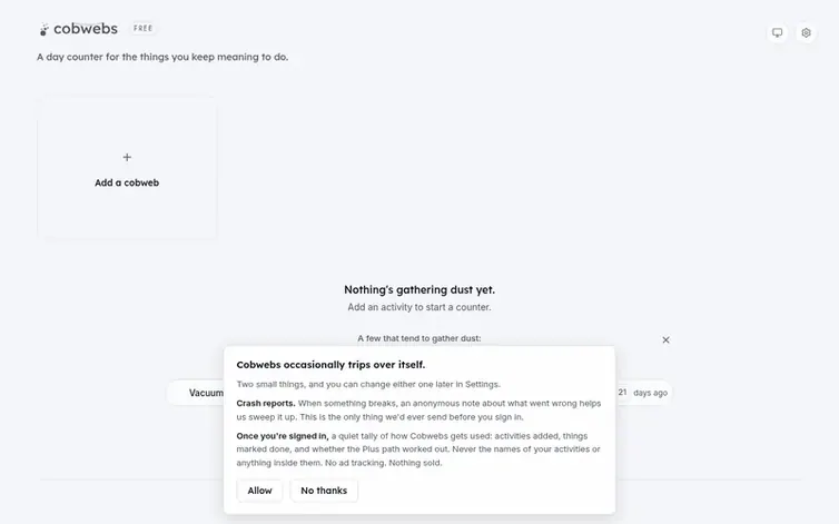 Screenshot of the Cobwebs homepage