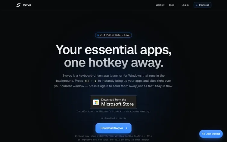 Screenshot of the Swyvo homepage