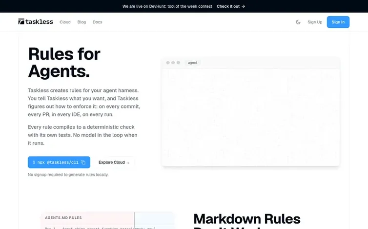 Screenshot of the Taskless homepage