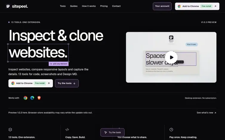 Screenshot of the Sitepeel homepage