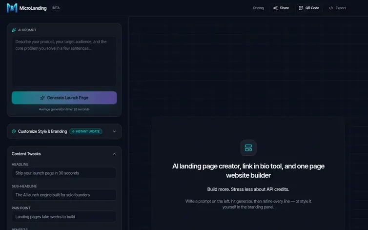 Screenshot of the MicroLanding homepage