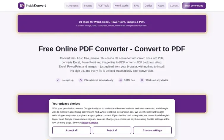 Screenshot of the KuickKonvert homepage