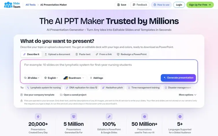 Screenshot of the SlideTeam AI Presentation Maker homepage