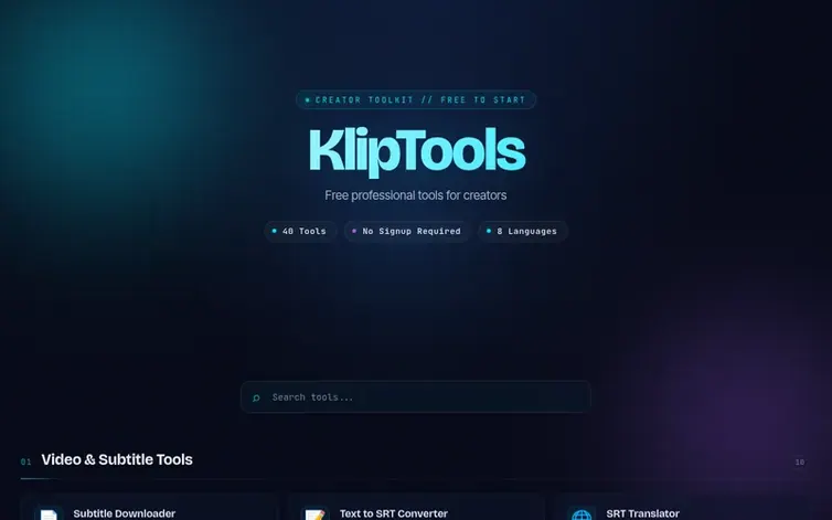 Screenshot of the KlipTools homepage