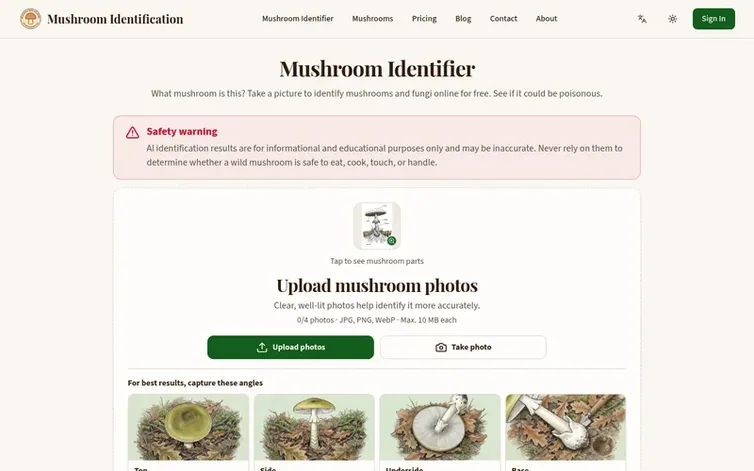Screenshot of the Mushroom Identifier homepage