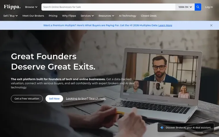 Screenshot of the Flippa homepage