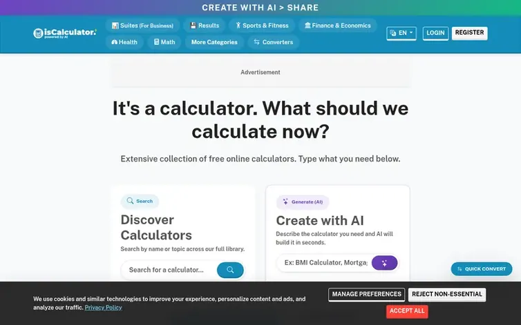 Screenshot of the isCalculator homepage