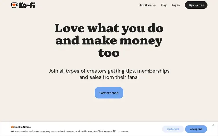 Screenshot of the Ko-fi homepage