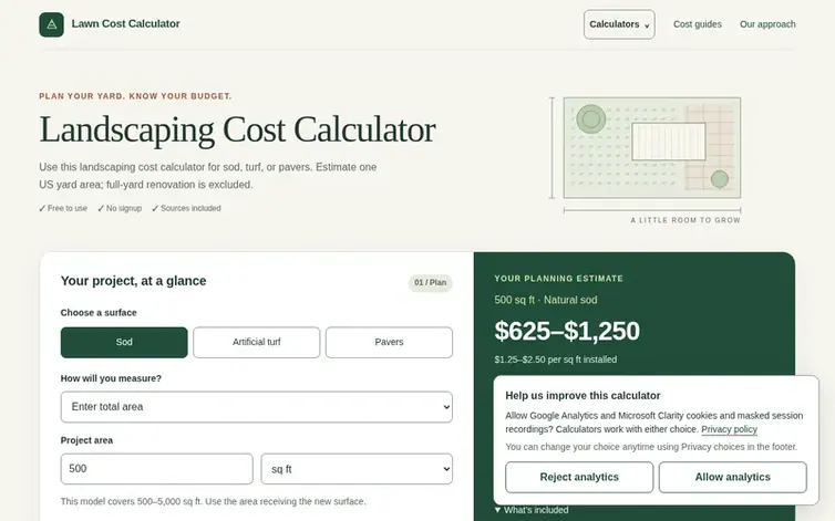 Screenshot of the Lawn Cost Calculator homepage