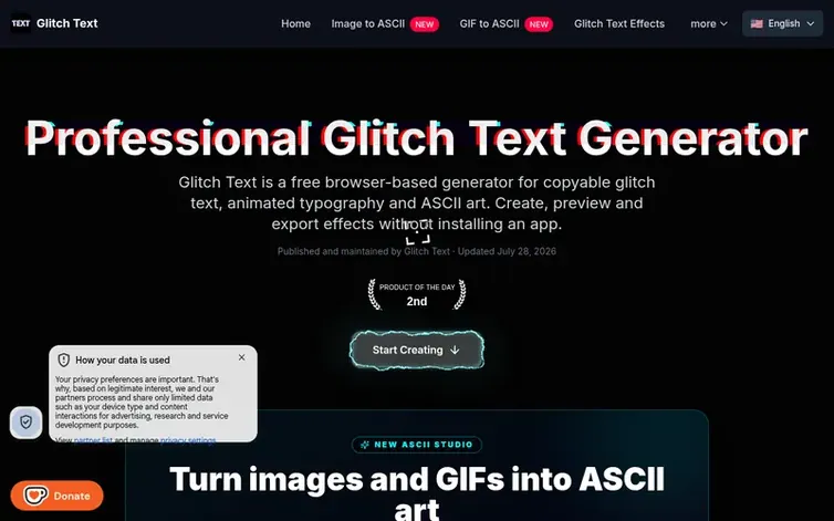 Screenshot of the Glitch Text homepage