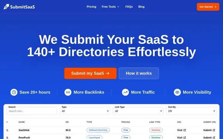 Screenshot of the SubmitSaaS homepage