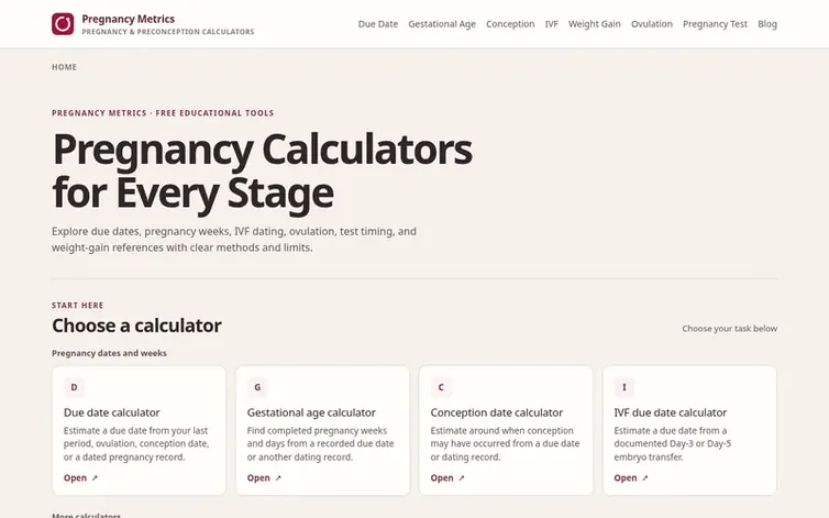 Screenshot of the Pregnancy Metrics homepage