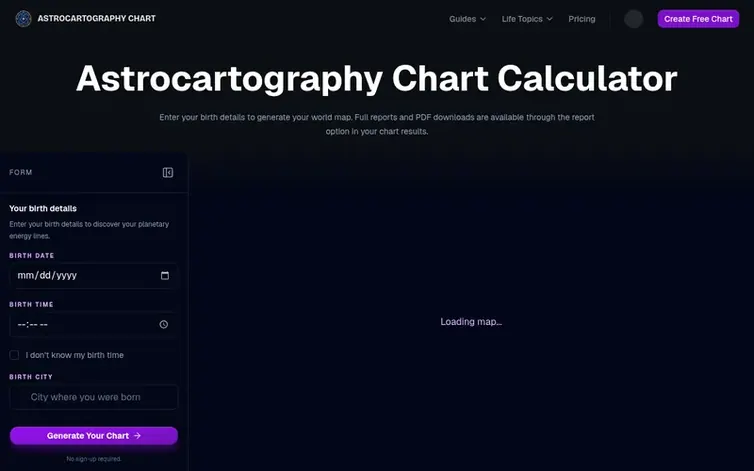 Screenshot of the Astrocartography Chart homepage