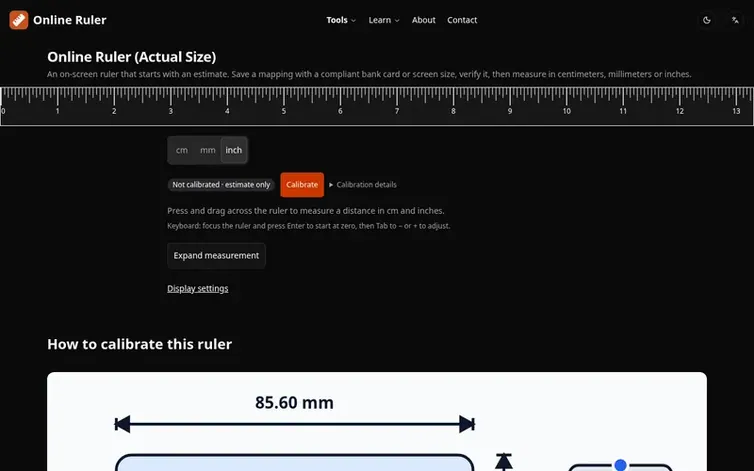 Screenshot of the Online Ruler homepage