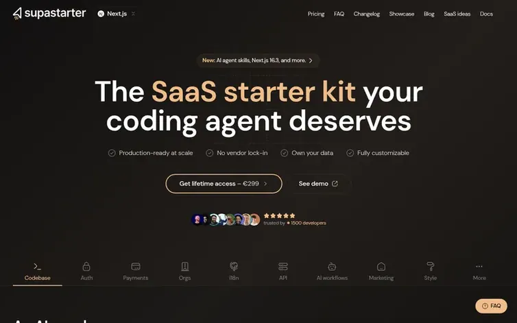 Screenshot of the supastarter homepage