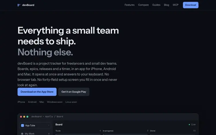 Screenshot of the devBoard homepage