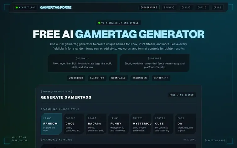 Screenshot of the Gamertag Generator homepage