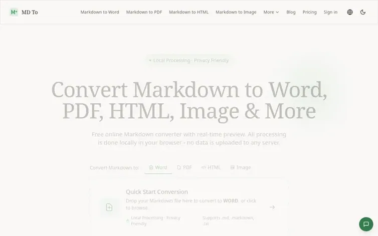 Screenshot of the MD To homepage