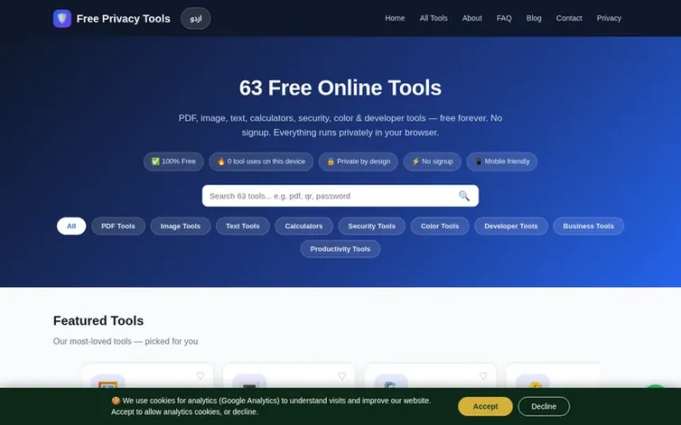Screenshot of the Free Privacy Tools homepage