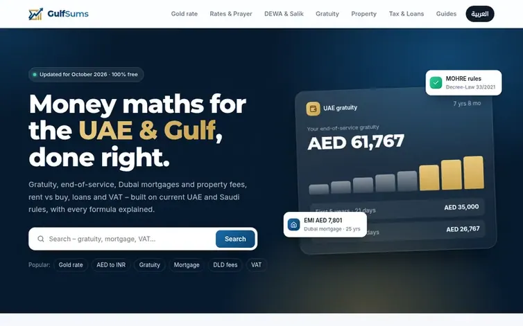 Screenshot of the GulfSums homepage