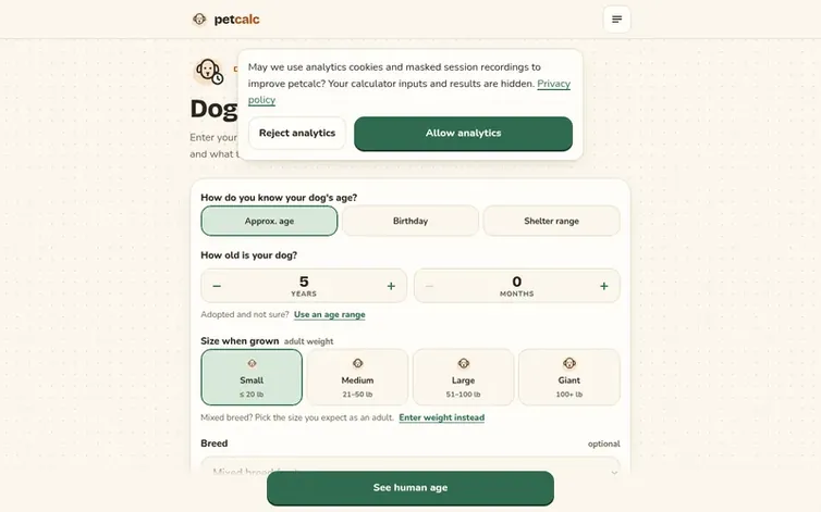 Screenshot of the petcalc homepage