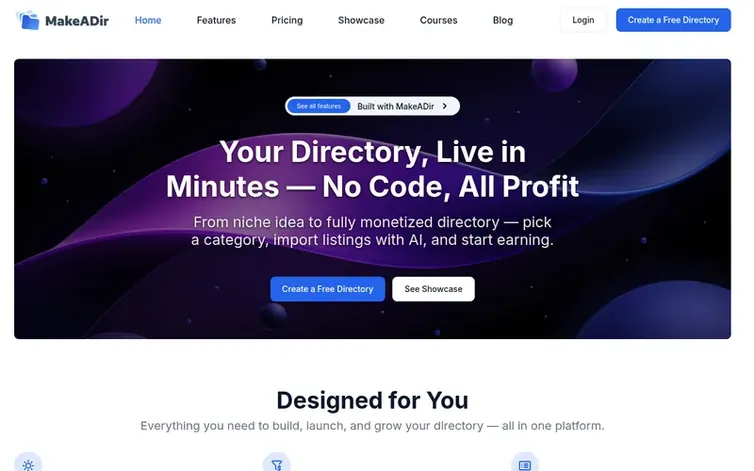 Screenshot of the MakeADir homepage
