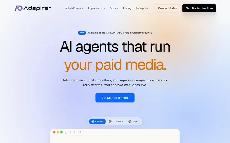 Screenshot of the Adspirer homepage