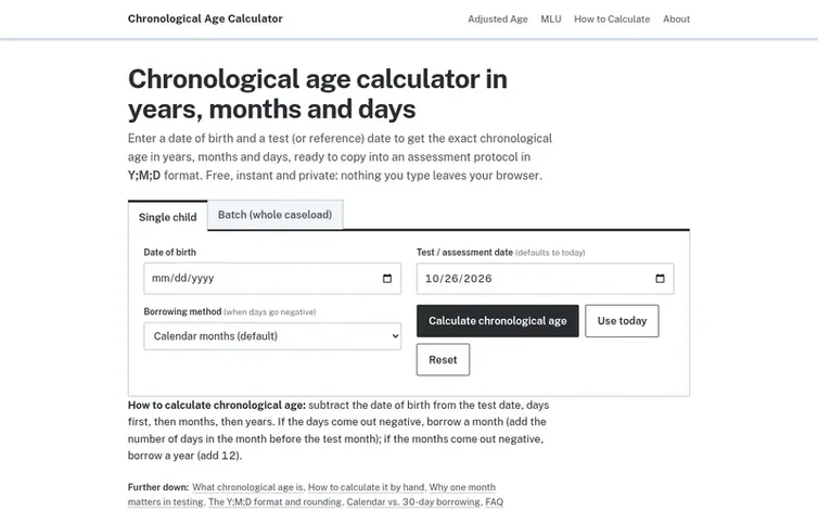 Screenshot of the Chronological Age Calculator homepage