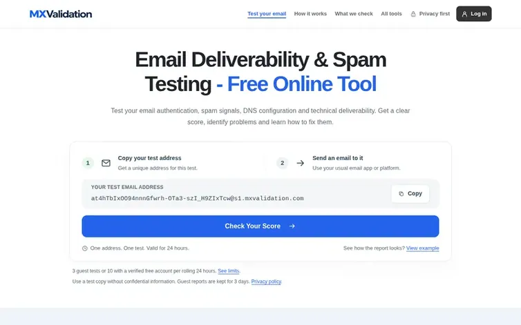 Screenshot of the MXValidation homepage
