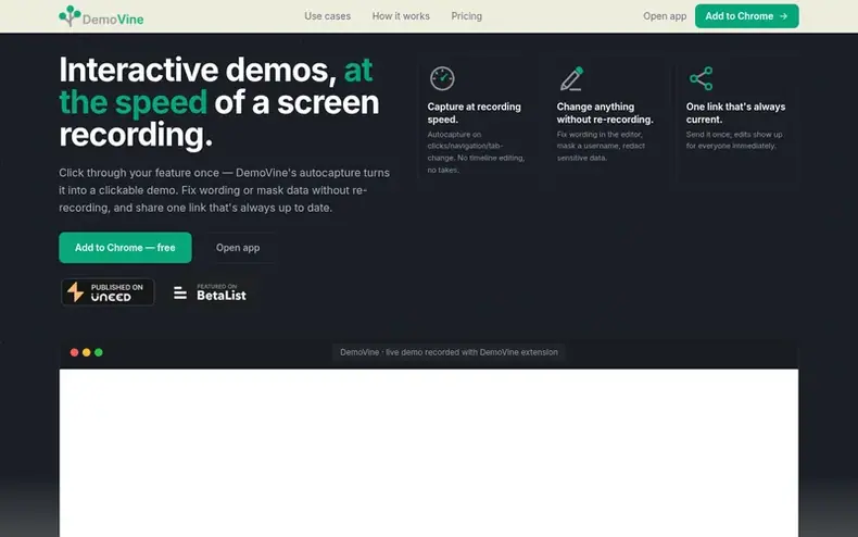 Screenshot of the DemoVine homepage