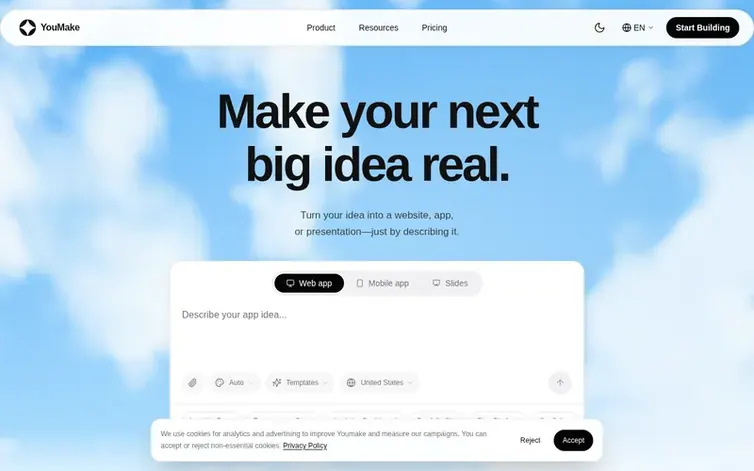 Screenshot of the Youmake homepage