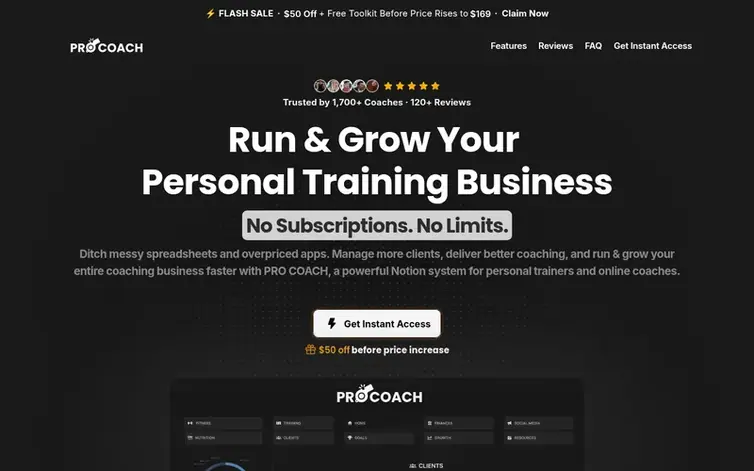 Screenshot of the PRO COACH homepage