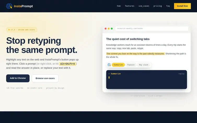 Screenshot of the InstaPrompt homepage