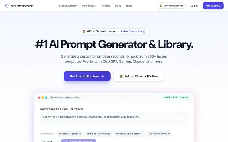 Screenshot of the GPTPromptMaker homepage