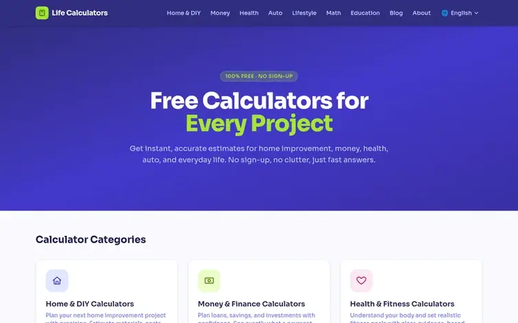 Screenshot of the The Life Calculators homepage